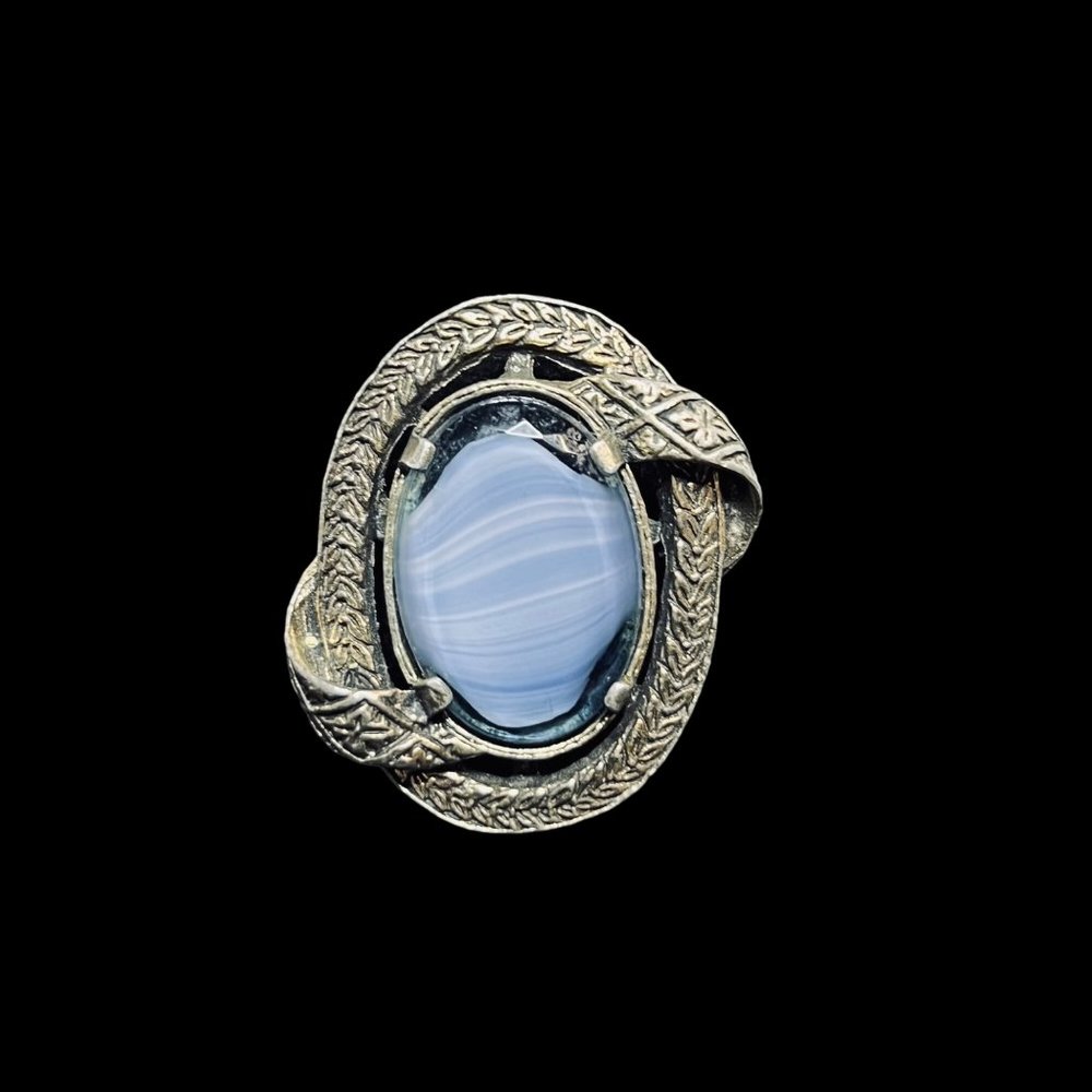 Vintage Silver Tone And Blue Swirl Glass Stone Brooch (4942)